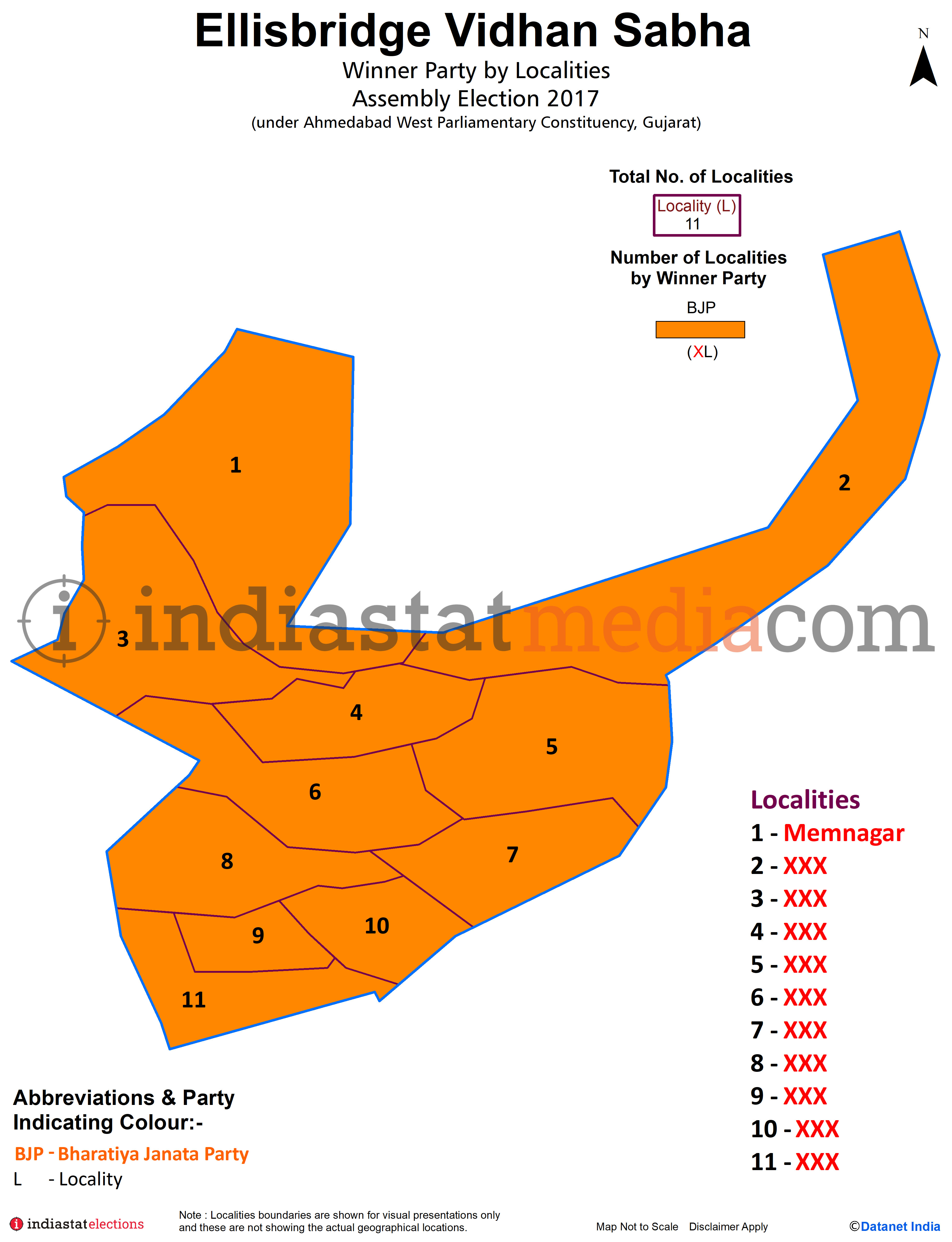 Winner Parties by Localities in Ellisbridge Assembly Constituency under Ahmedabad West Parliamentary Constituency in Gujarat (Assembly Election - 2017)