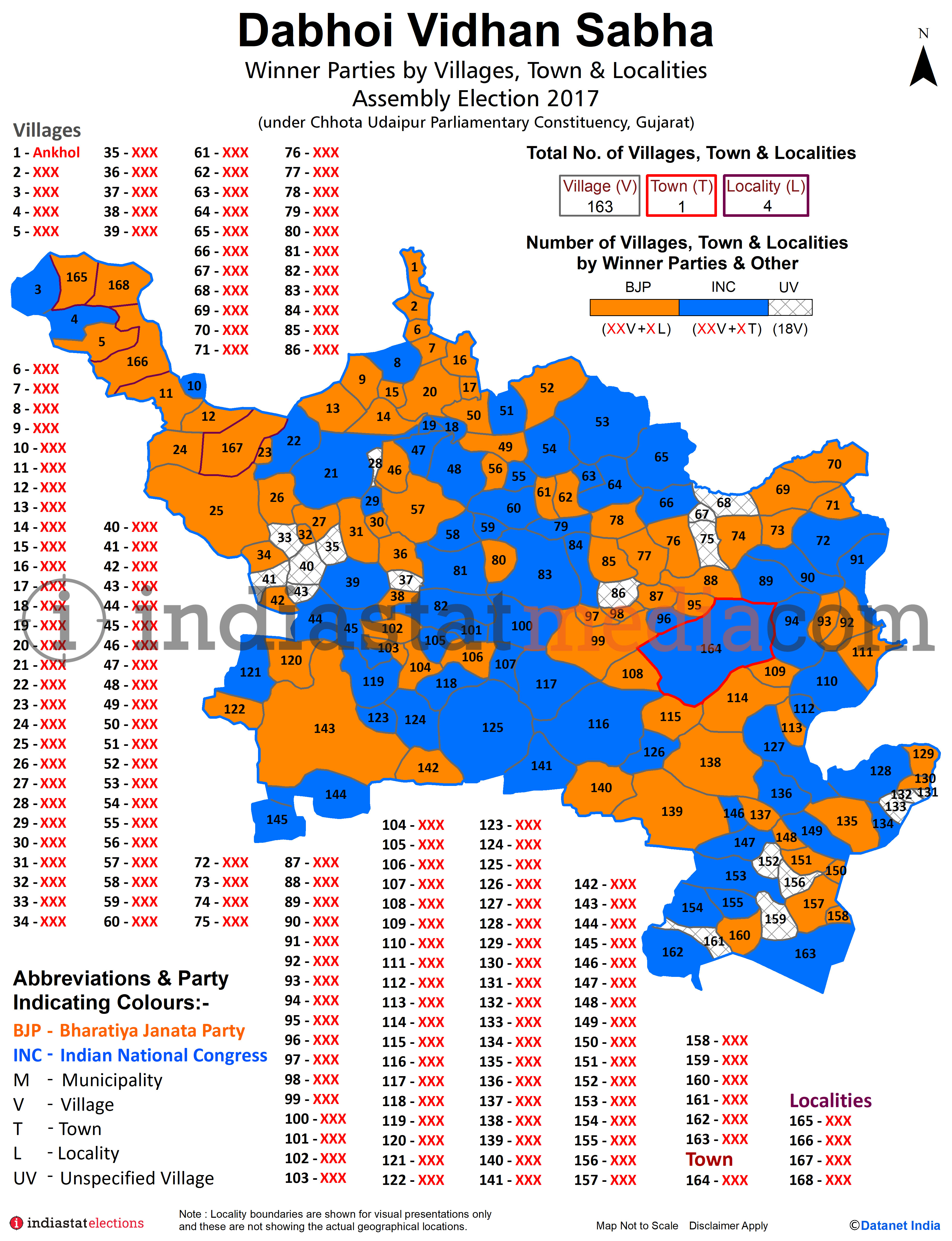 Winner Parties by Villages, Towns and Localities in Dabhoi Assembly Constituency under Chhota Udaipur Parliamentary Constituency in Gujarat (Assembly Election - 2017)
