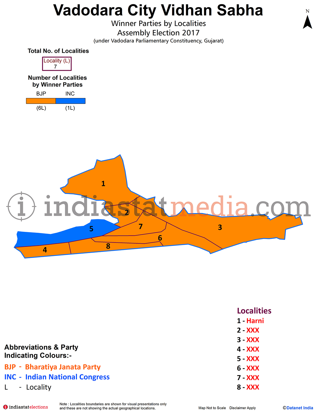 Winner Parties by Localities in Vadodara City Assembly Constituency under Vadodara Parliamentary Constituency in Gujarat (Assembly Election - 2017)
