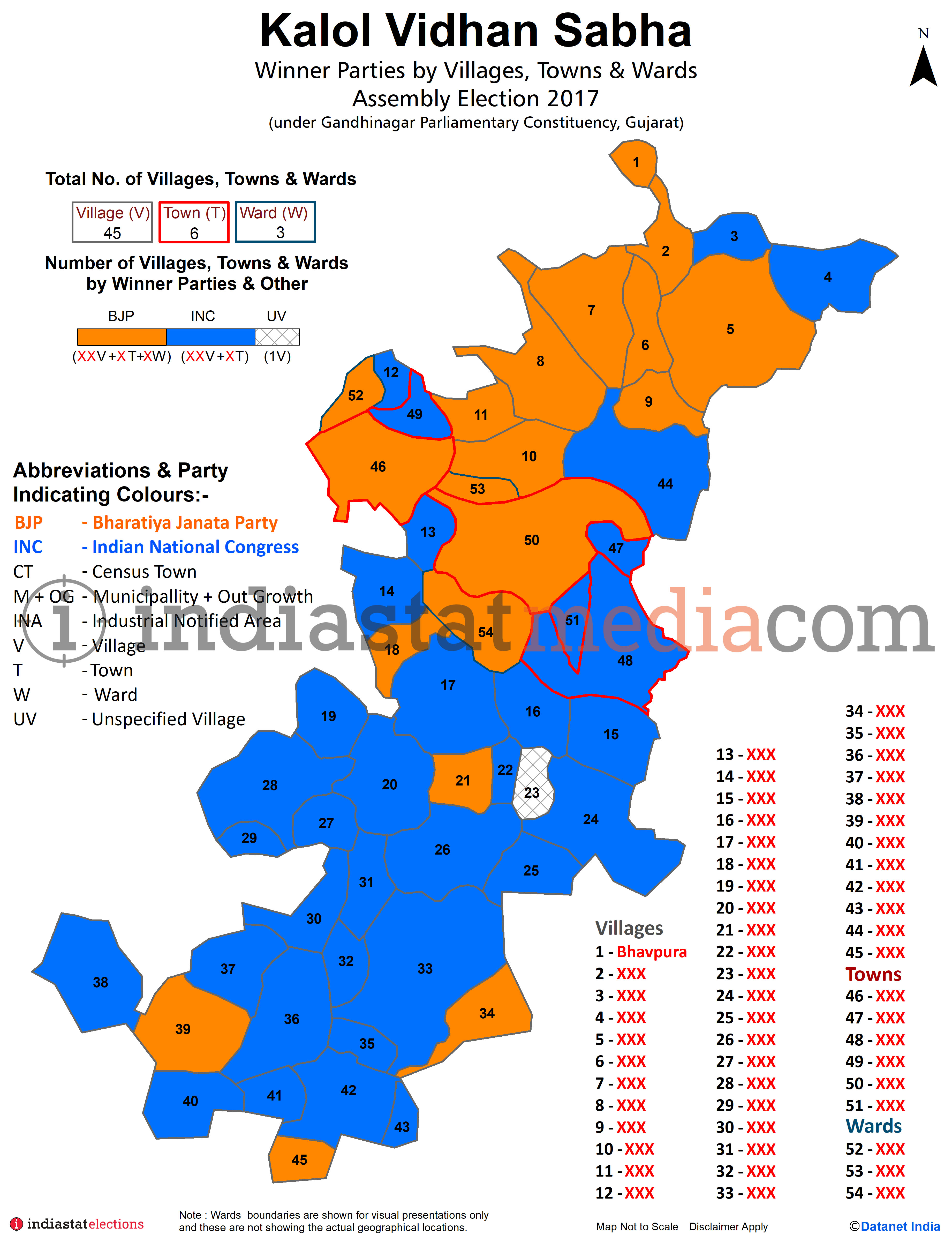 Winner Parties by Villages, Towns & Wards in Kalol Assembly Constituency under Gandhinagar Parliamentary Constituency in Gujarat (Assembly Election - 2017)