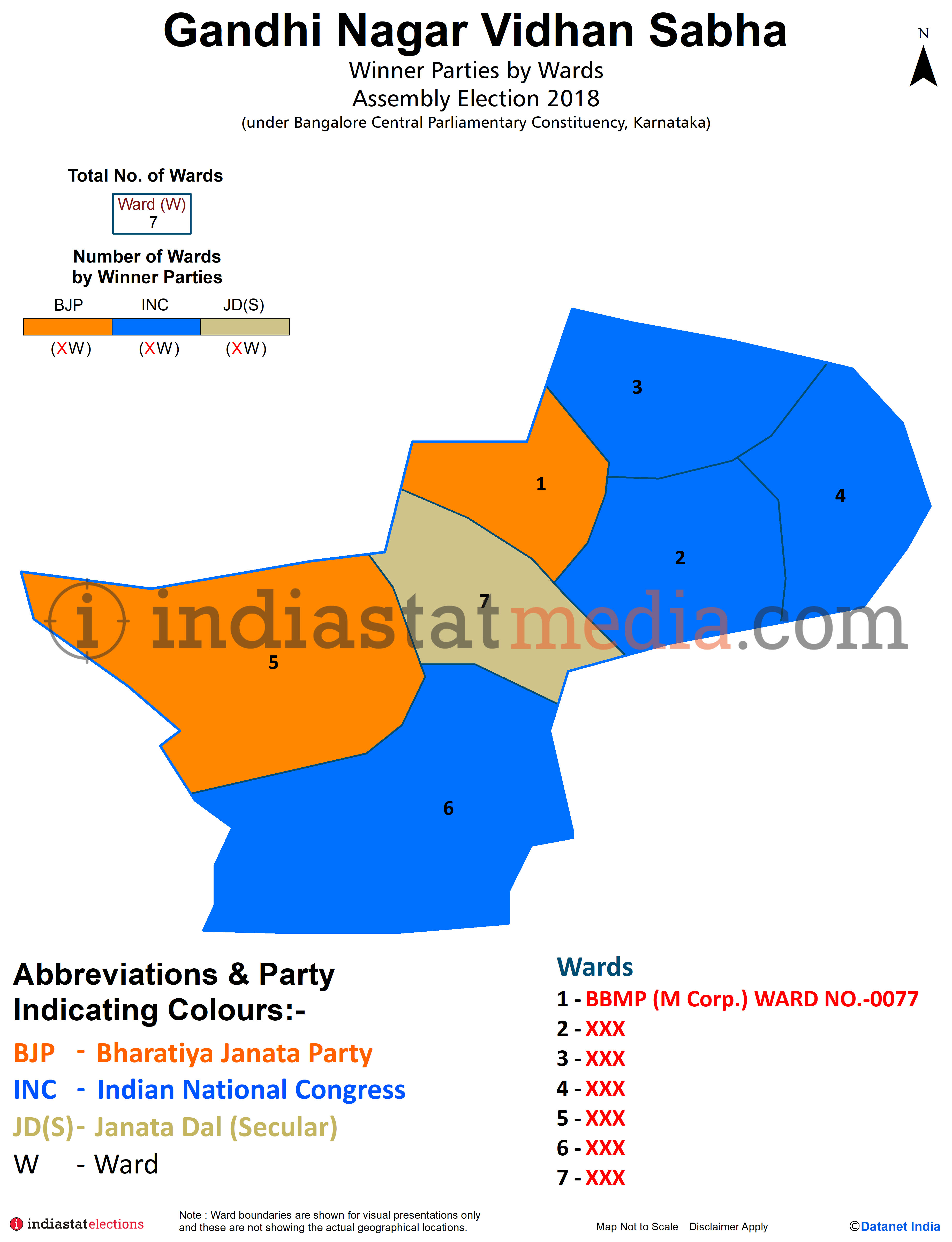 Winner Parties by Ward in Gandhi Nagar Assembly Constituency under Bangalore Central Parliamentary Constituency in Karnataka (Assembly Election - 2018)